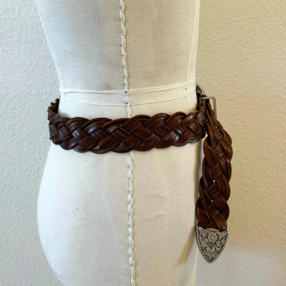 Vintage Brown Leather Woven Belt w/ Silver Buckle - Picture 3 of 6